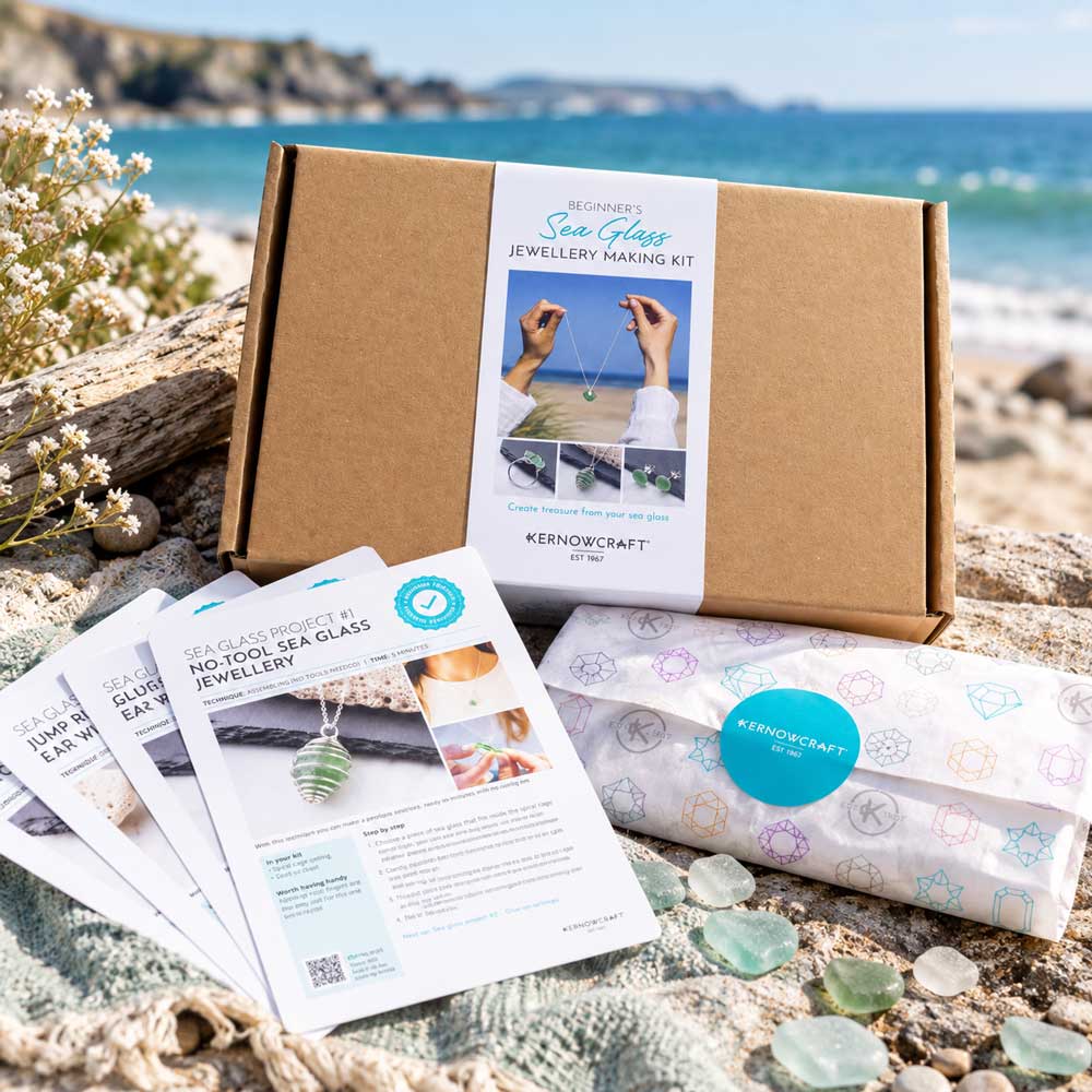 Beginner's sea glass jewellery making kit by Kernowcraft with project guides and jewellery making supplies