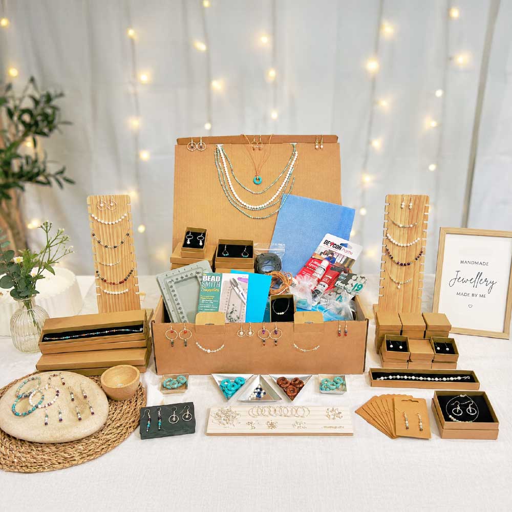 Jewellery Business Starter Kit with jewellery making supplies, packaging, displays and finished jewellery