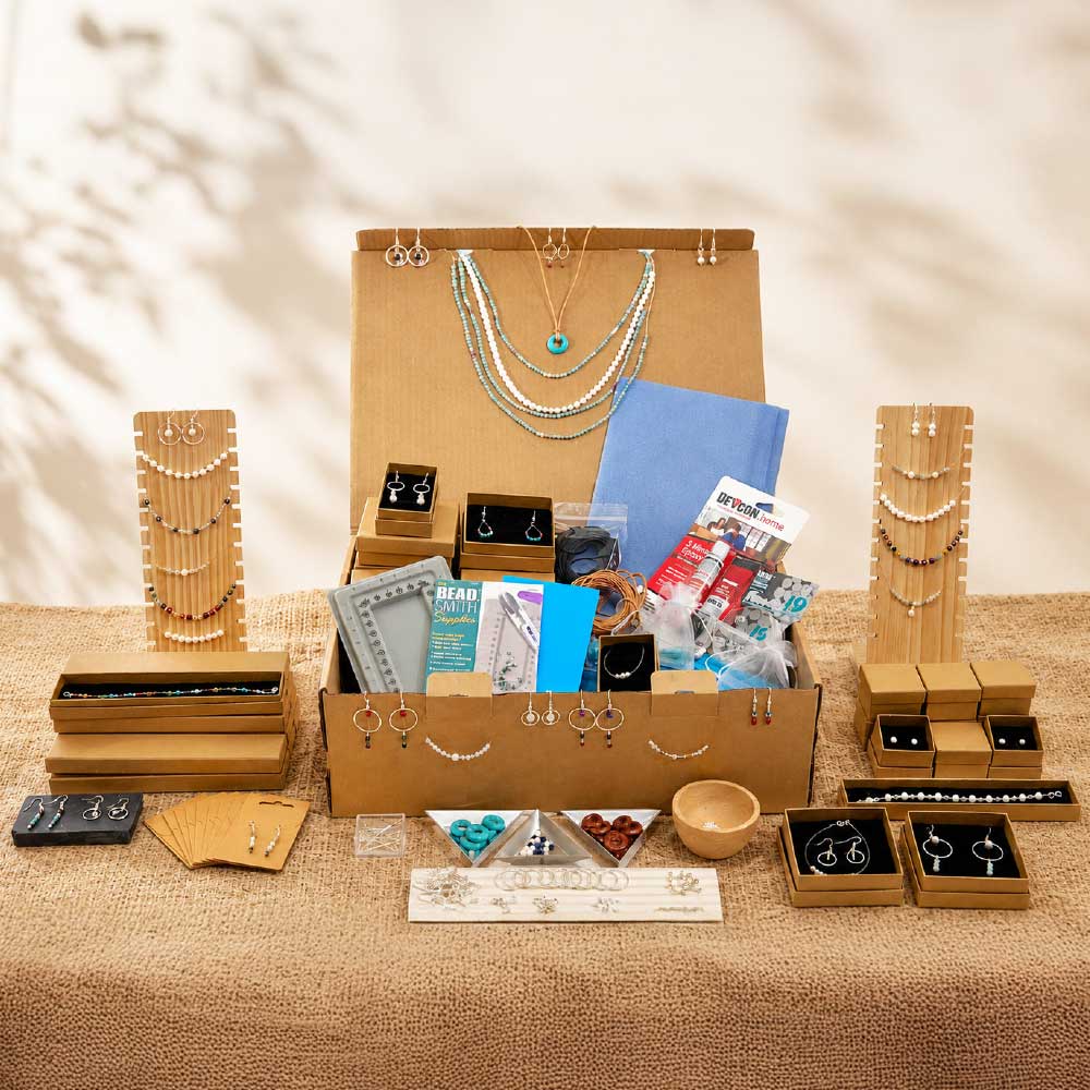 Jewellery making business kit with materials, findings, packaging, display stands and finished jewellery