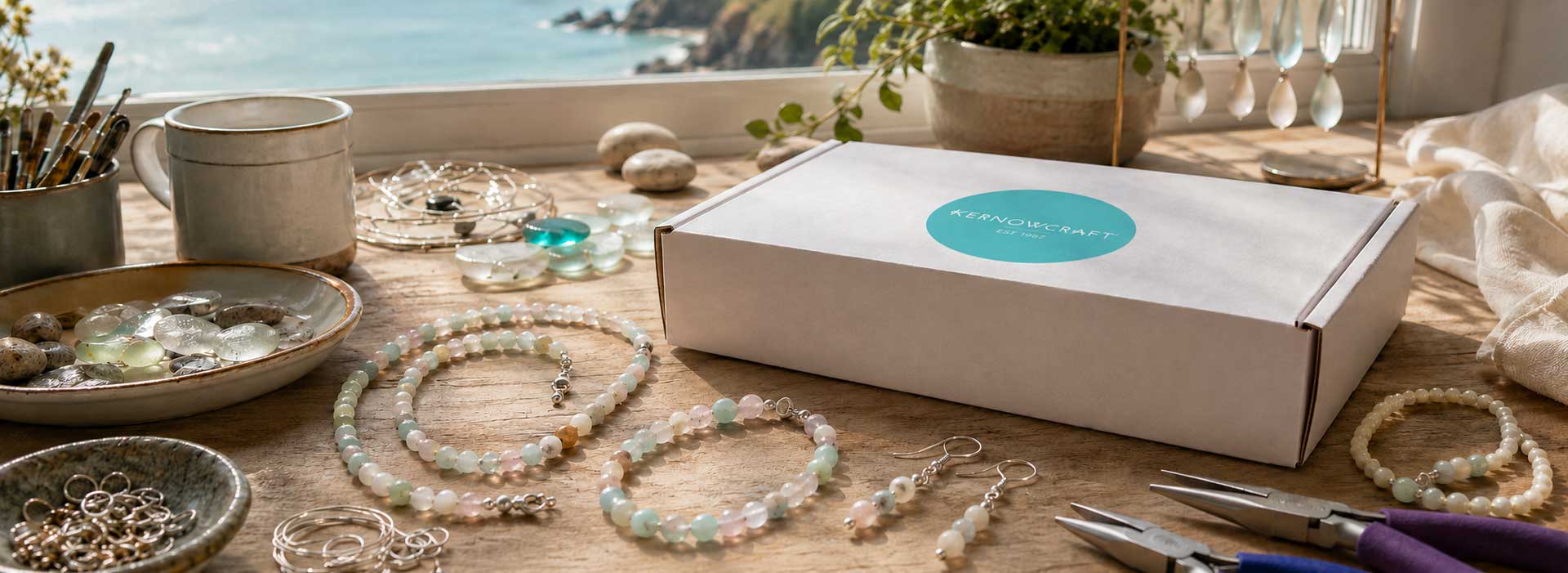 Jewellery making subscription box with gemstones, handmade jewellery and tools by Kernowcraft