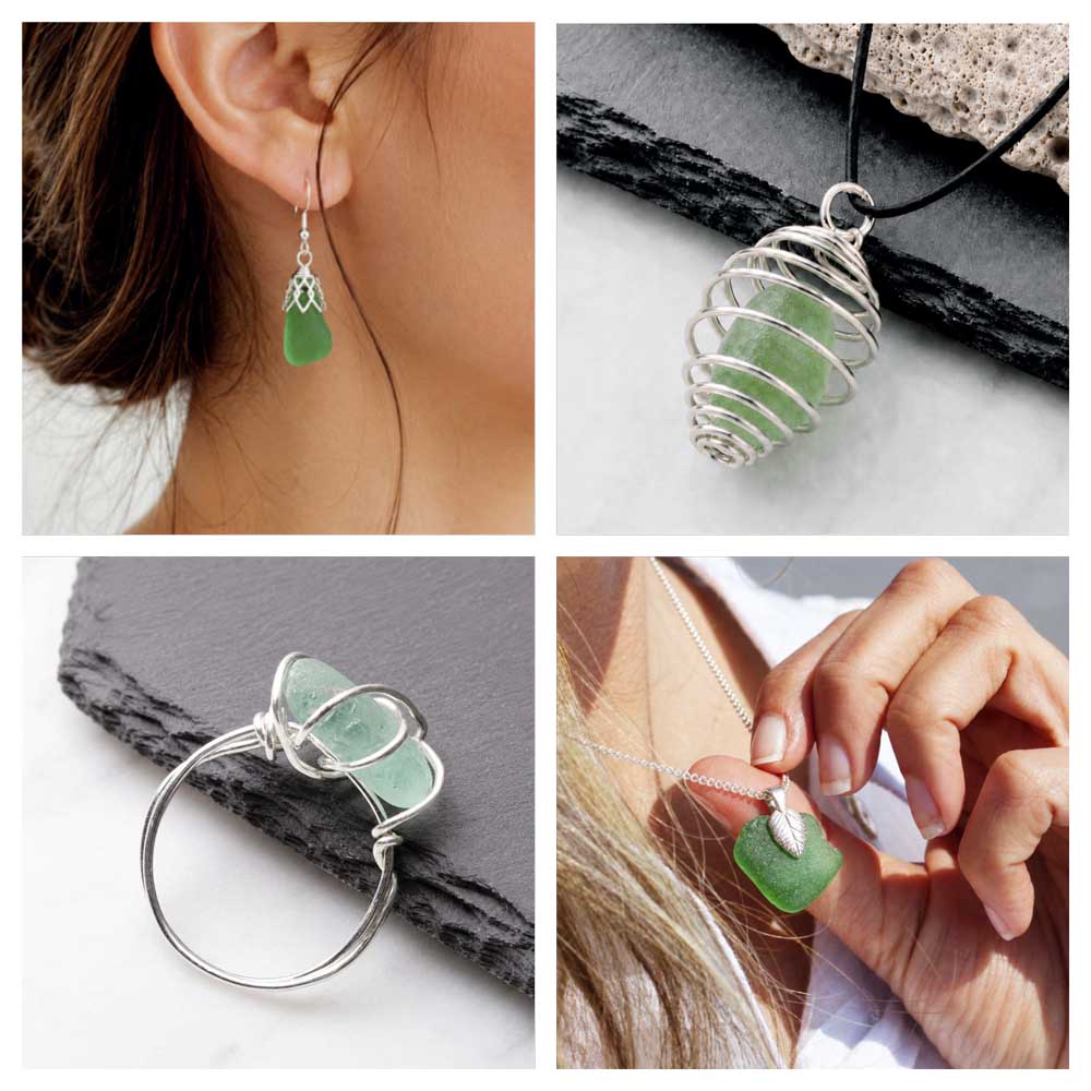 Finished sea glass jewellery projects made with the Beginner's Sea Glass Jewellery Making Kit